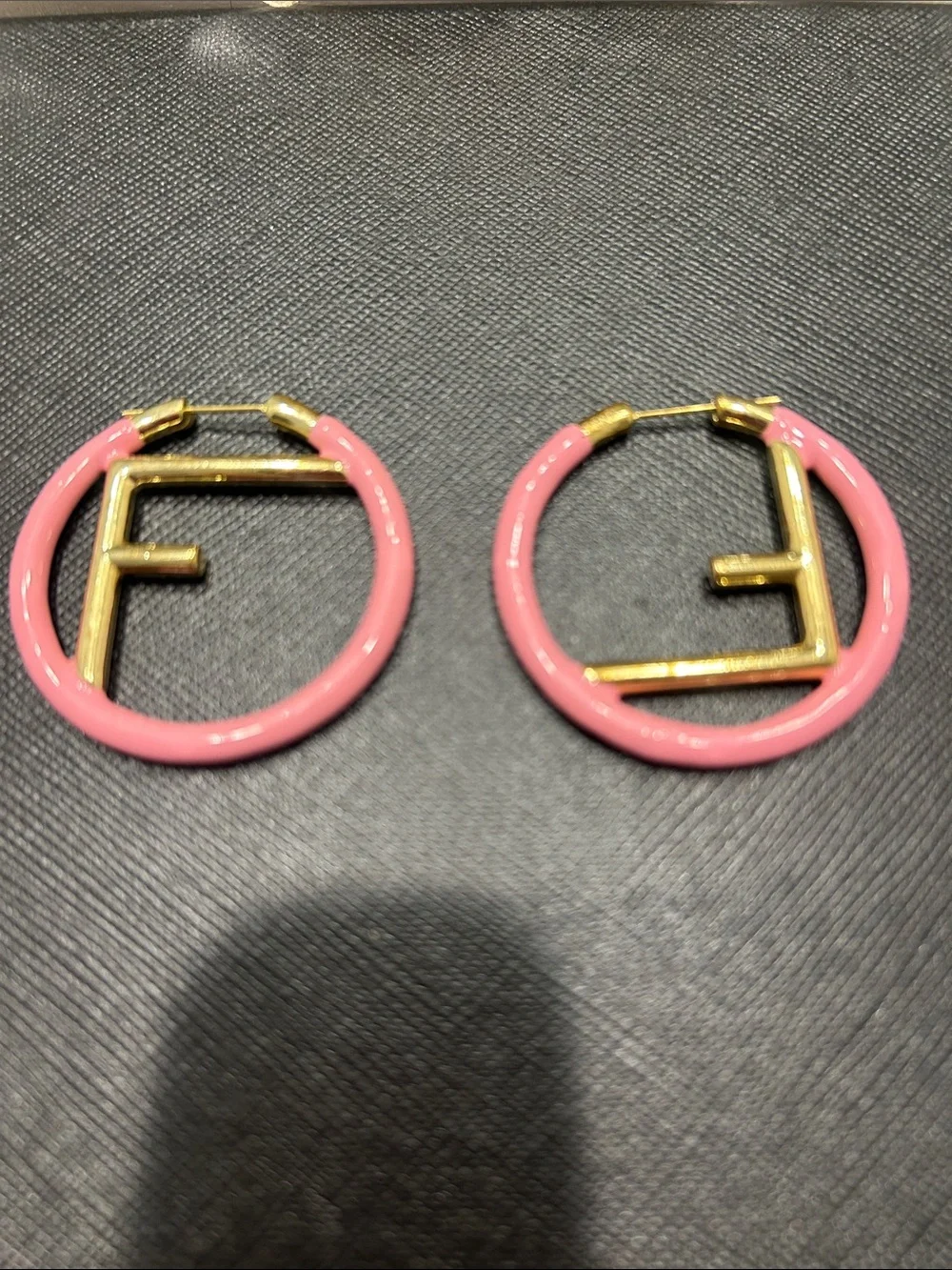 Fendi logo Pink and Gold Hoop Earrings with Enamel Accent